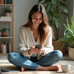 Jeune femme souriante avec smartphone dans un salon cosy