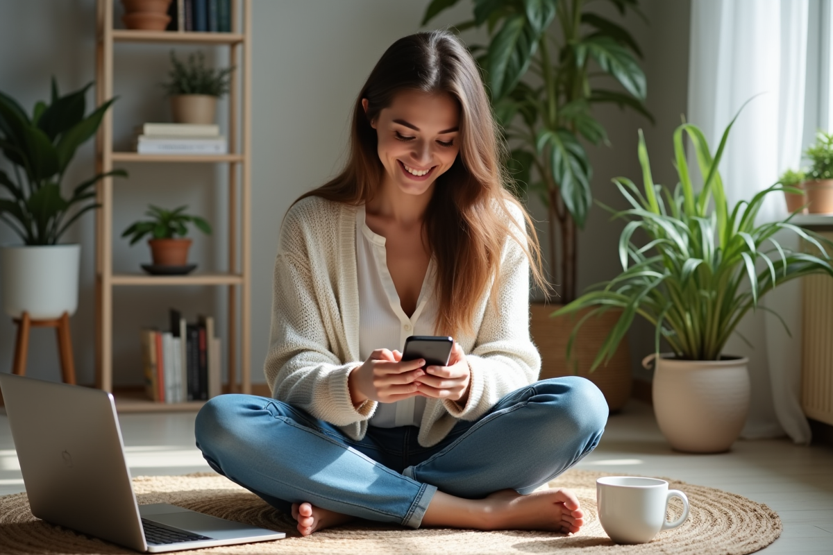 Jeune femme souriante avec smartphone dans un salon cosy