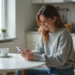 Femme utilisant son smartphone dans une cuisine moderne