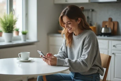 Femme utilisant son smartphone dans une cuisine moderne