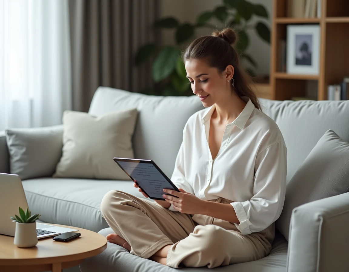 Femme en télétravail sur canapé utilisant une tablette pour planifier sa semaine de 39 heures avec un agenda numérique