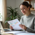Femme en télétravail organisant sa semaine avec un planning papier coloré dans un bureau à domicile moderne et épuré