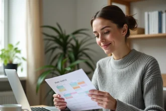 Femme en télétravail organisant sa semaine avec un planning papier coloré dans un bureau à domicile moderne et épuré