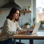 Jeune femme travaillant sur son ordinateur à la maison