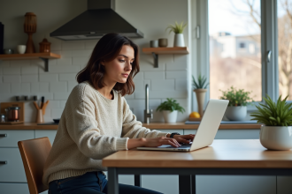 Jeune femme travaillant sur son ordinateur à la maison