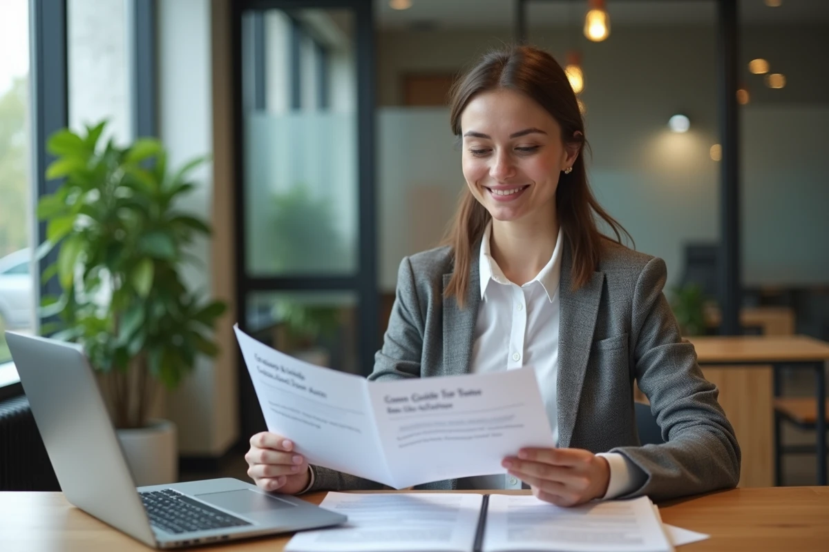Femme en bureau partageant guides Celoxam et Loxam