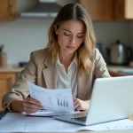 Jeune femme au bureau à domicile compare documents financiers