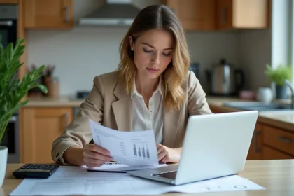Jeune femme au bureau à domicile compare documents financiers