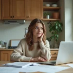 Jeune femme travaillant à son ordinateur dans une cuisine lumineuse