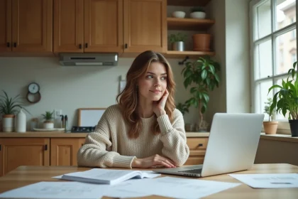 Jeune femme travaillant à son ordinateur dans une cuisine lumineuse