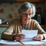 Femme âgée triant du courrier dans sa cuisine chaleureuse