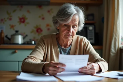 Femme âgée triant du courrier dans sa cuisine chaleureuse