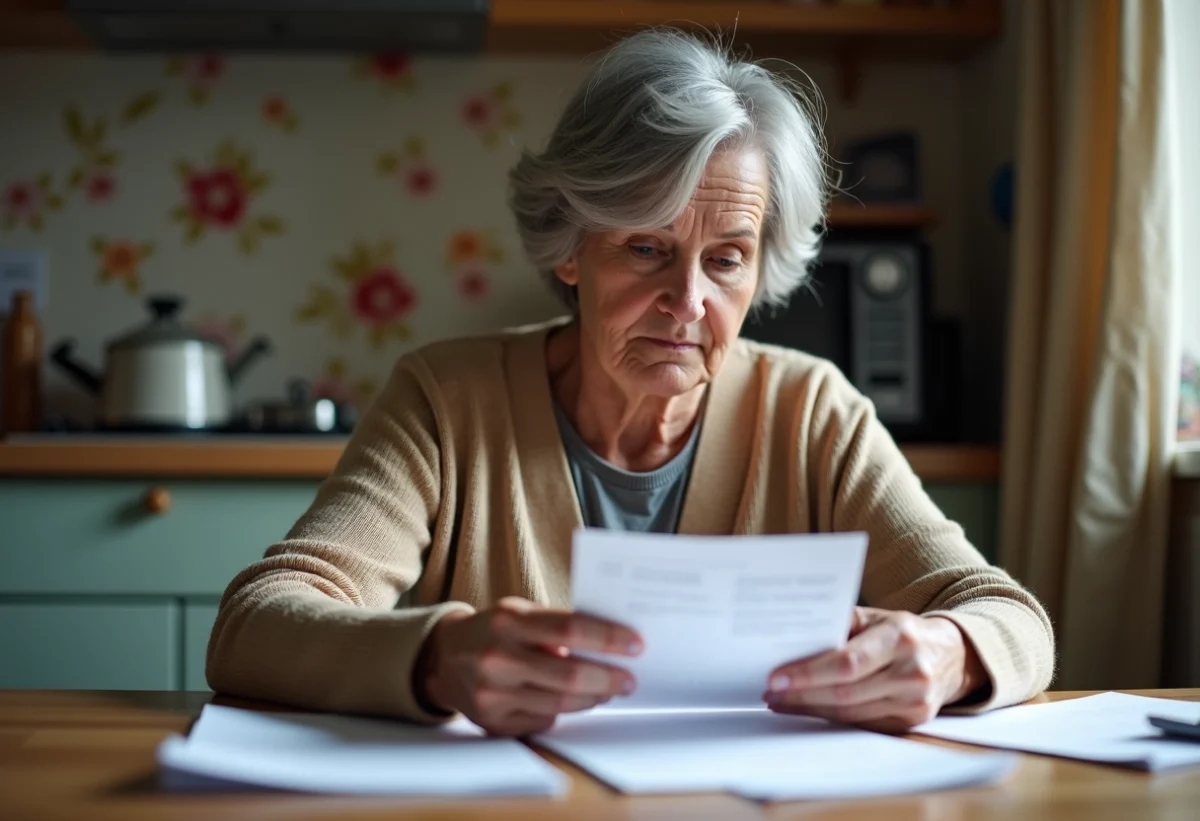 Femme âgée triant du courrier dans sa cuisine chaleureuse