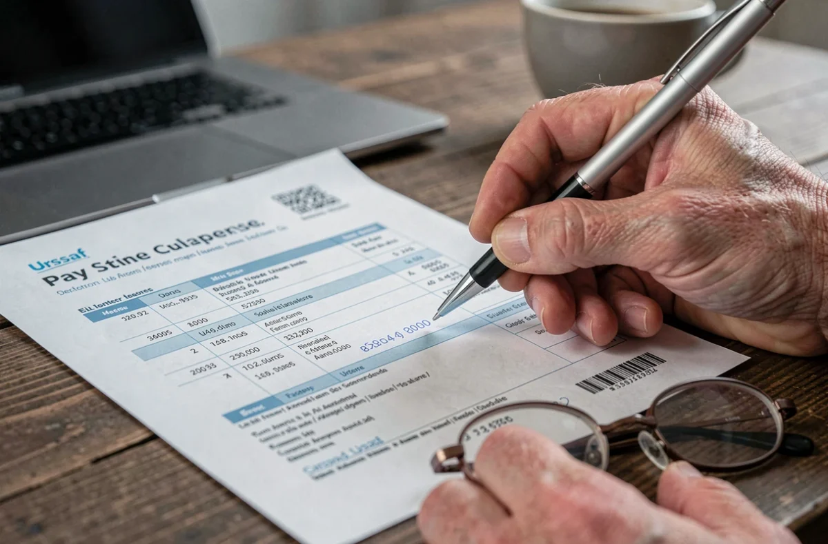 Gros plan sur une fiche de paie et un document Urssaf examinés de près par un travailleur cherchant à vérifier ses cotisations sociales