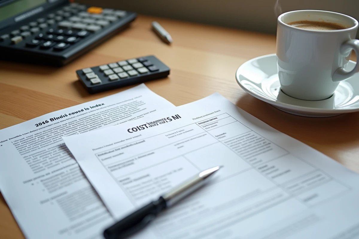 Vue de dessus d'un bureau avec fiche de paie, calculatrice et notice sur la revalorisation du traitement des fonctionnaires en 2026