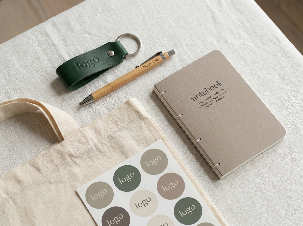 Flat lay éditorial d'objets publicitaires originaux et écologiques sur fond de lin blanc texturé