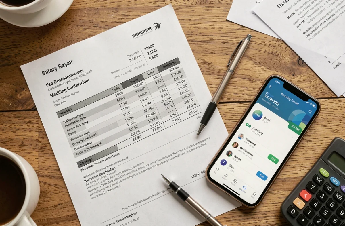 Vue aérienne des documents de portage salarial incluant une fiche de paie et un tableau des frais de gestion sur un bureau en bois