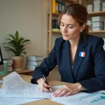 Fonctionnaire française analysant ses fiches de salaire et documents administratifs à son bureau en 2026