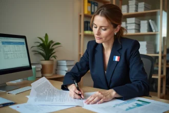 Fonctionnaire française analysant ses fiches de salaire et documents administratifs à son bureau en 2026