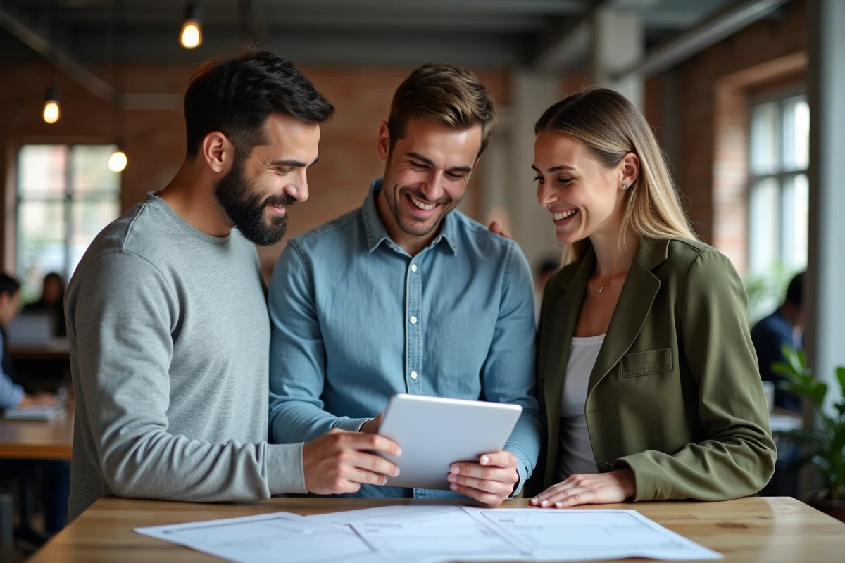Groupe de fondateurs de startups examinant les conditions d'inscription à l'événement lesentreprisesfrenchy 2026 dans un espace de coworking