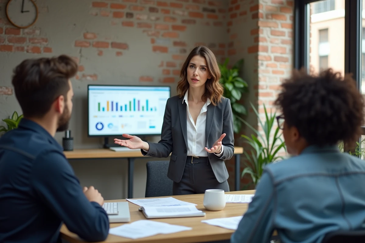 Fondatrice de startup présentant ses métriques de croissance à des associés dans un espace de coworking moderne