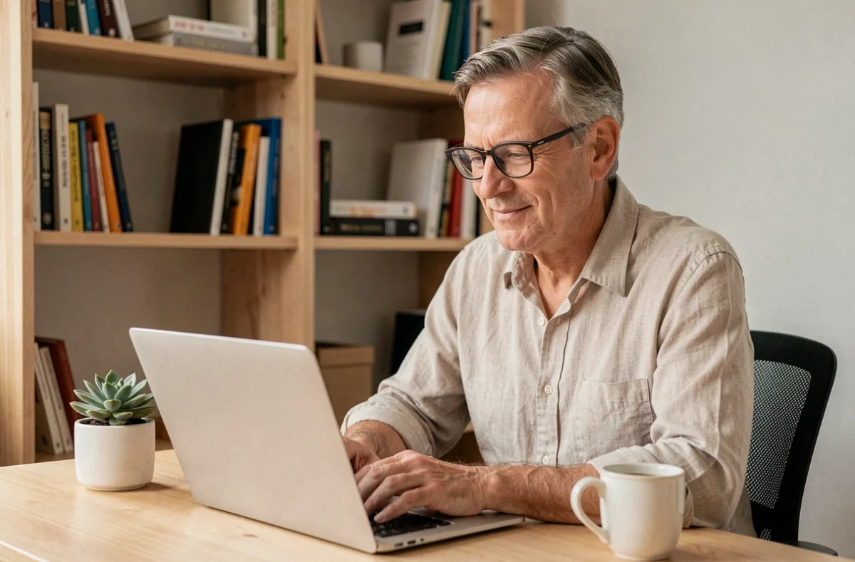Consultant freelance en télétravail gérant son activité via une société de portage salarial depuis son bureau à domicile
