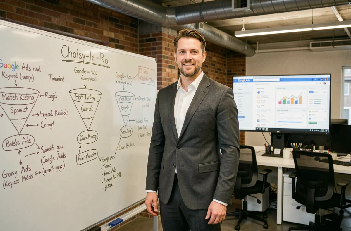 Consultant de Gen K Conseil à Choisy-le-Roi présentant une stratégie Google Ads sur un tableau blanc