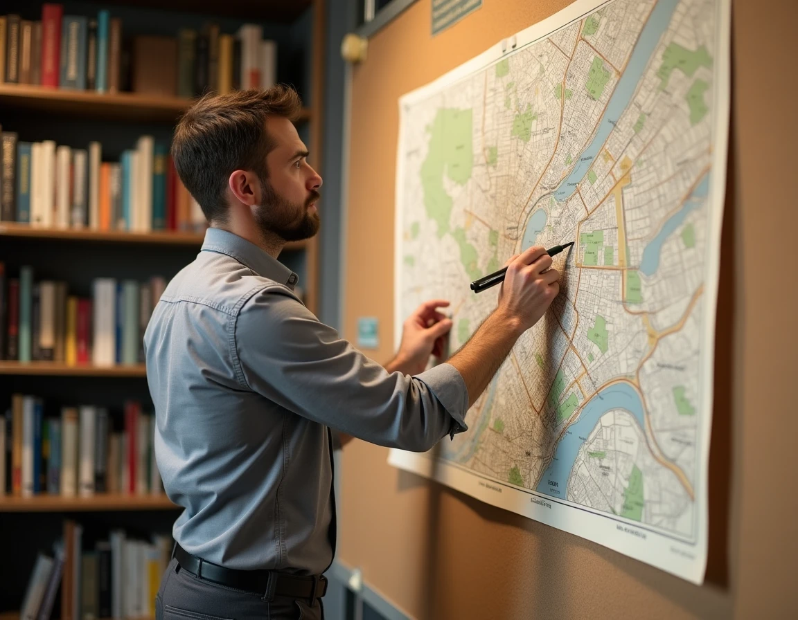 Géographe universitaire analysant une carte urbaine représentant les zones du secteur tertiaire en ville