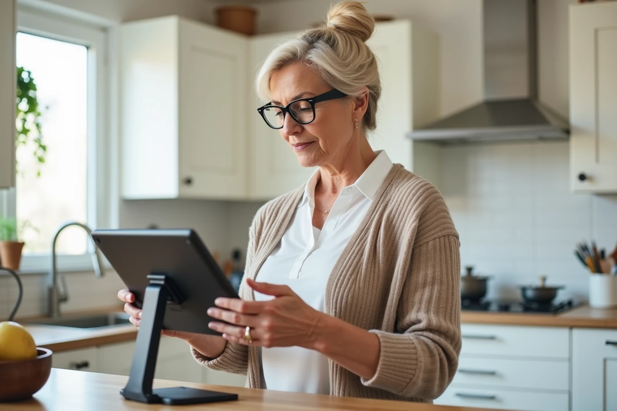 Coordinatrice de services à domicile consultant son espace personnel sur tablette dans une cuisine moderne
