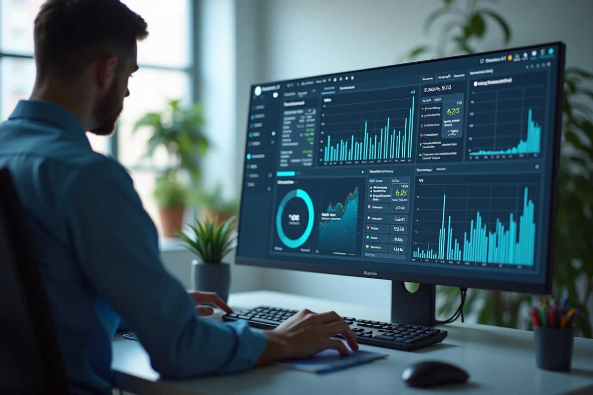 Manager analysant un tableau de bord ERP sur un ordinateur