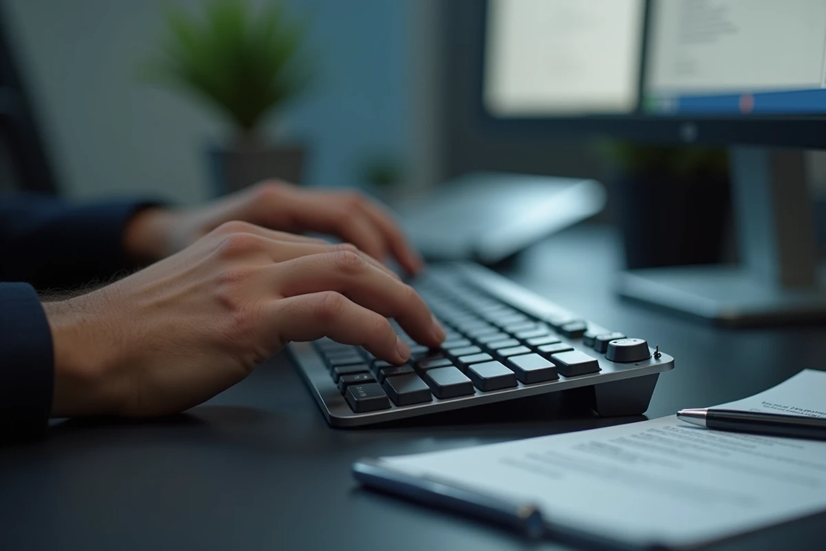 Gros plan sur des mains tapant un email professionnel avec formule de politesse pour demande de règlement de facture sur clavier de bureau