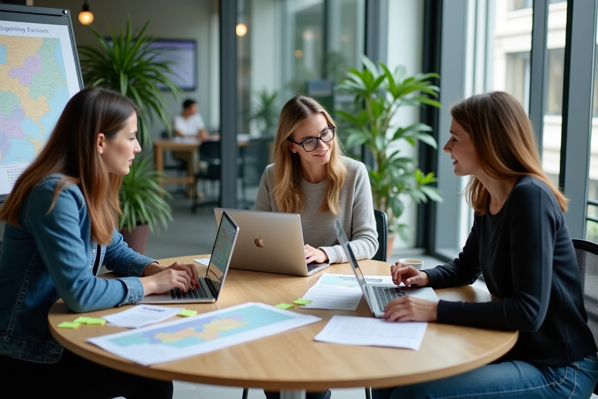 Groupe d'entrepreneurs collaborant autour d'une carte des régions françaises pour décider où implanter leur activité en 2026