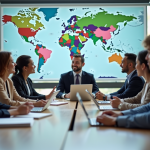 Groupe d'étudiants en affaires internationales dans une salle moderne