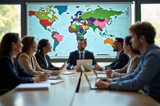 Groupe d'étudiants en affaires internationales dans une salle moderne