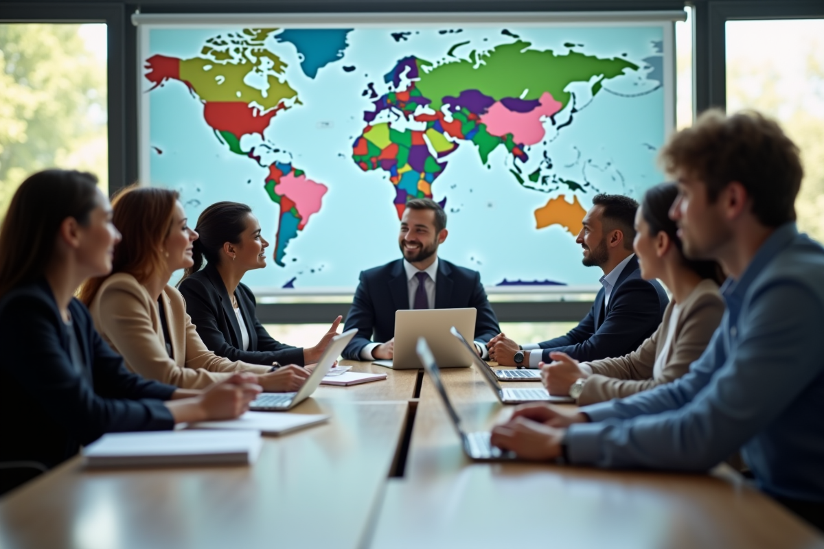 Groupe d'étudiants en affaires internationales dans une salle moderne