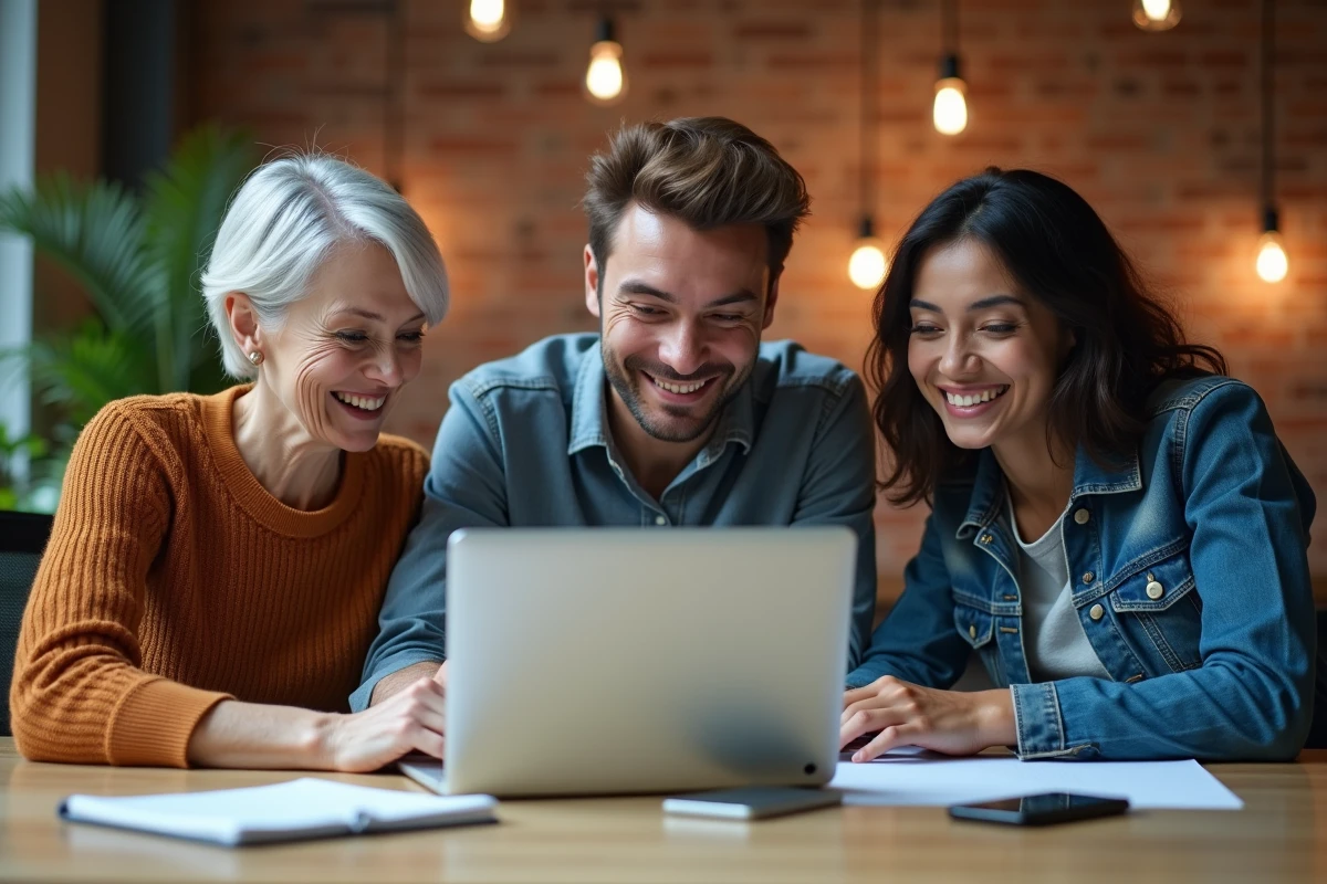 Groupe de professionnels collaborant sur une mise à jour de codes de catégorie socioprofessionnelle sur un ordinateur portable