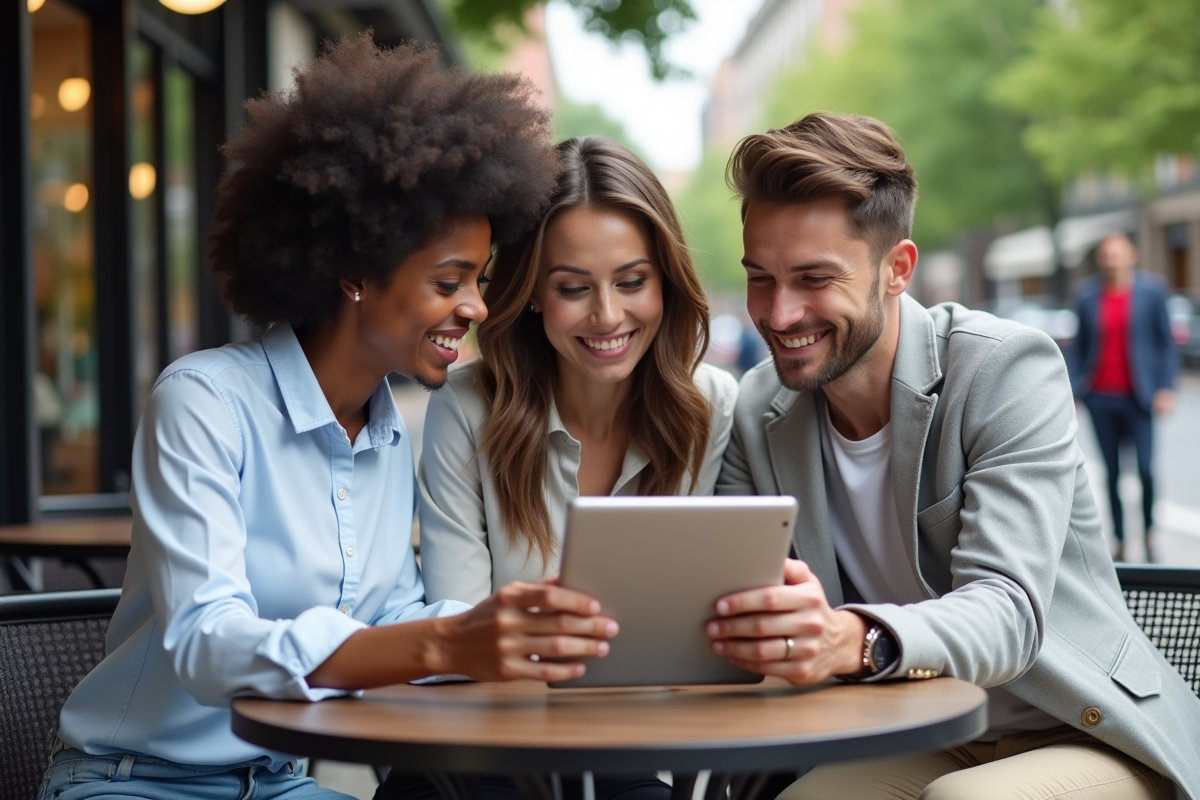 Groupe de jeunes professionnels discutant autour d une tablette en extérieur