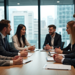 Groupe de professionnels en réunion dans un bureau lumineux