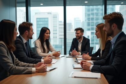 Groupe de professionnels en réunion dans un bureau lumineux