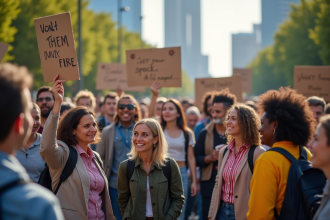 Groupe diversifié de personnes soutenant une cause sociale en extérieur