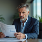 Homme d'affaires en costume navy consulte un rapport