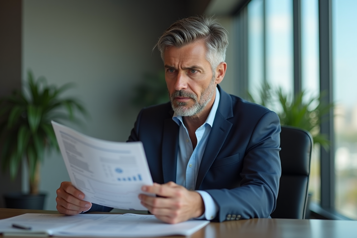 Homme d'affaires en costume navy consulte un rapport