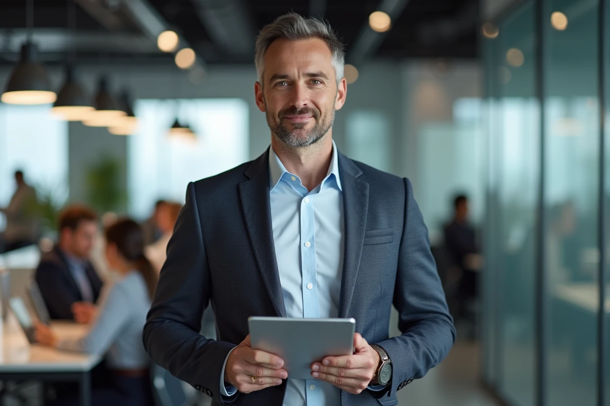Homme d affaires tenant une tablette dans un espace coworking moderne