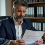 Homme d'affaires en costume lisant une lettre dans un bureau