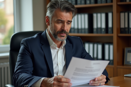 Homme d'affaires en costume lisant une lettre dans un bureau