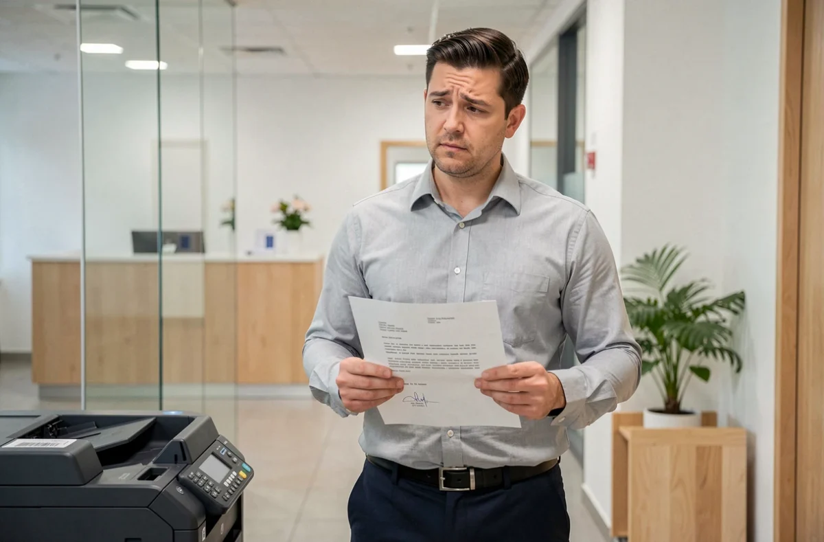 Homme d'affaires tenant une lettre formelle imprimée dans un couloir de bureaux modernes