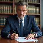 Homme d'affaires en costume navy signant un document officiel