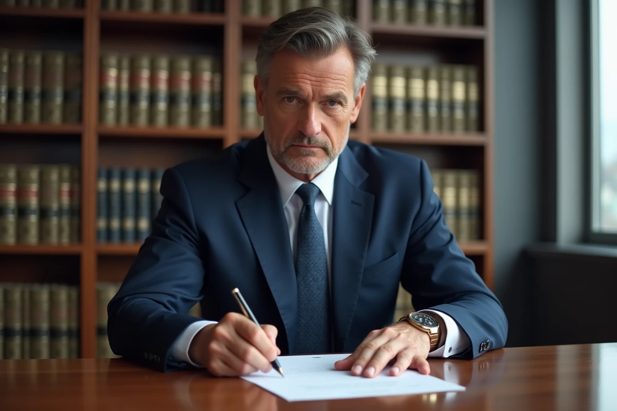 Homme d'affaires en costume navy signant un document officiel