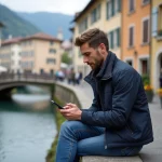 Homme en veste navy assis à Annecy avec son téléphone