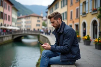 Homme en veste navy assis à Annecy avec son téléphone